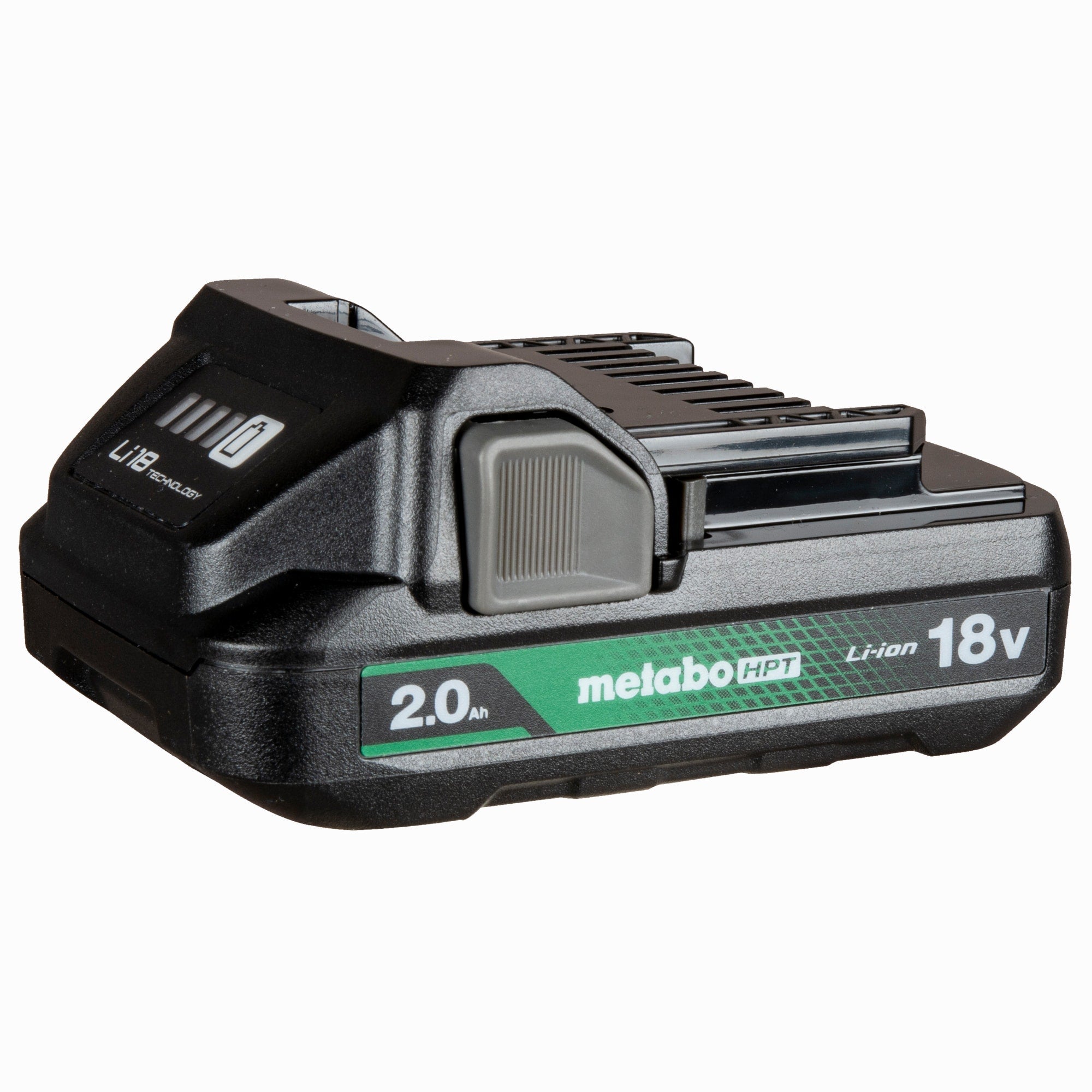 Batería Recargable METABO HPT 377797M 18V 2.0Ah Color Negro sobre Fondo Blanco con Luces LED