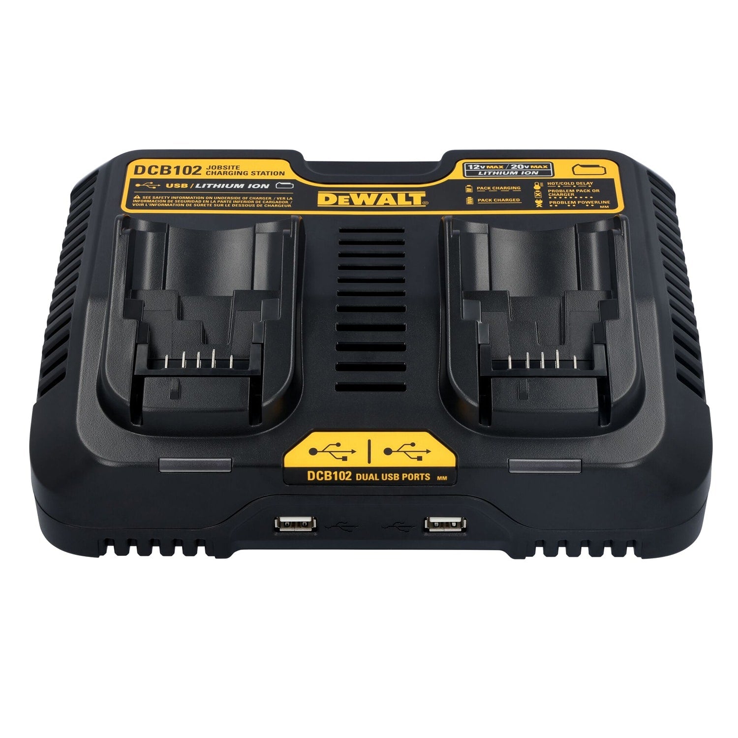 Cargador de Baterías DEWALT 20V DCB102 Estación de Carga Dual Bay con Puertos USB Color Negro