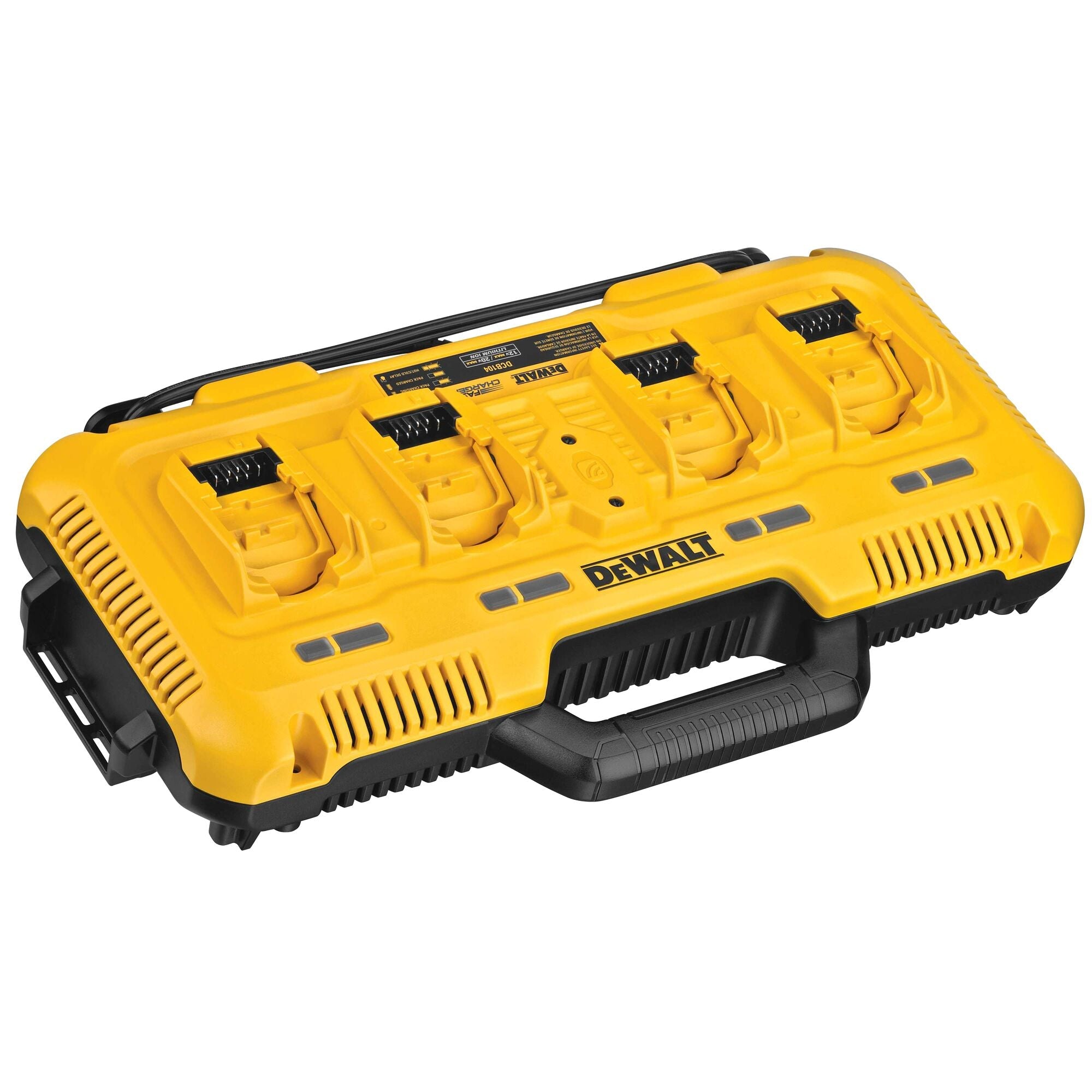 Cargador de Baterías DEWALT 20V DCB104 Estación de 4 Puertos Simultáneos Color Amarillo Negro