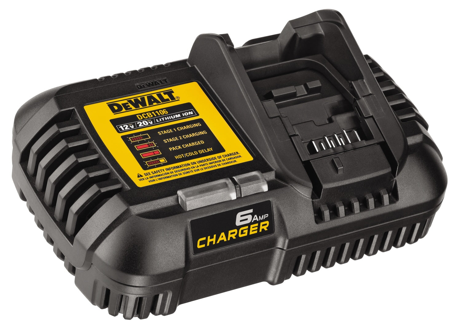 Cargador de Baterías DEWALT 20V MAX DCB1106 Carga Rápida 6 Amperios Color Negro con Luz LED