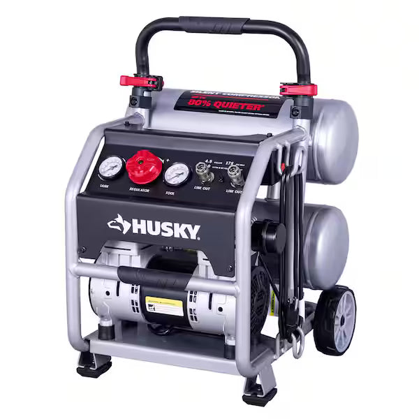 Compresor de Aire Portátil HUSKY 3320445 4.5 Galones 175 PSI Silencioso con Ruedas Amarillas
