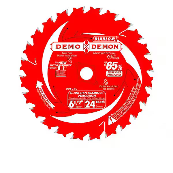 Hoja Sierra DIABLO D0624DR 6-1/2 Pulg 24 Dientes Demo Demon Ultra Delgada para Madera