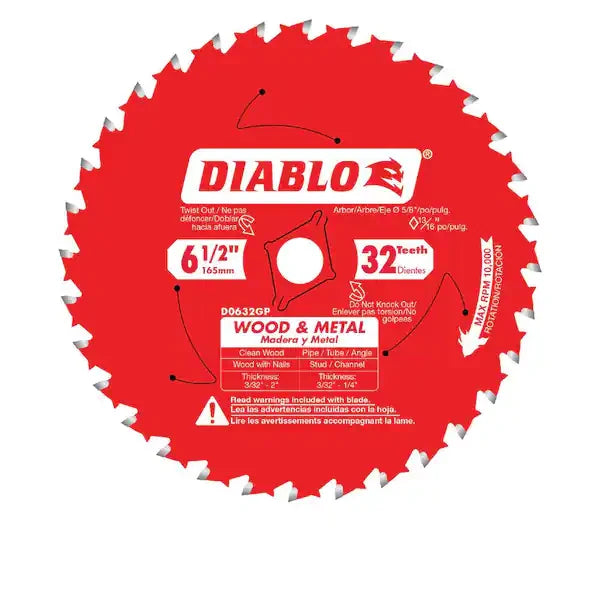 Hoja Sierra DIABLO D0632GPR 6-1/2 Pulg 32 Dientes Carburo para Madera y Metal Rojo