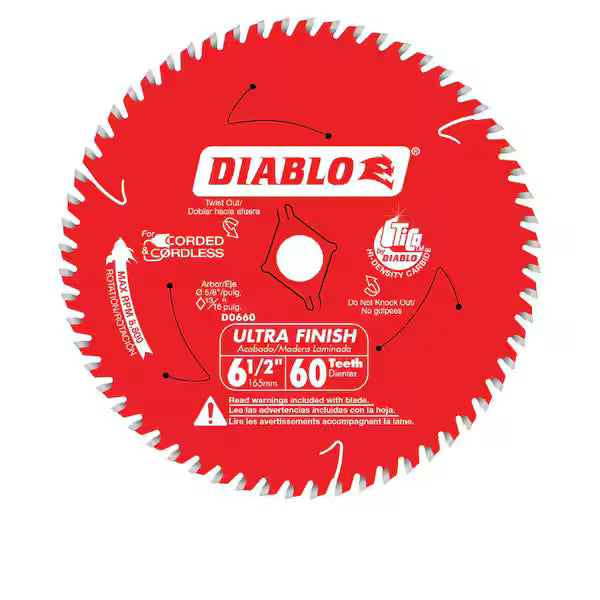 Hoja Sierra DIABLO D0660R 6-1/2 Pulg 60 Dientes Ultra Acabado para Madera Contrachapada