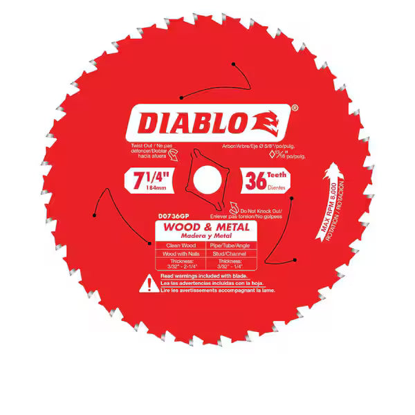 Hoja Sierra DIABLO D0736GPR 7-1/4 Pulg 36 Dientes Carburo para Madera y Metal Rojo