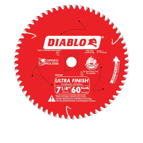 Hoja Sierra DIABLO D0760R 7-1/4 Pulg 60 Dientes Ultra Acabado Pulido para Madera